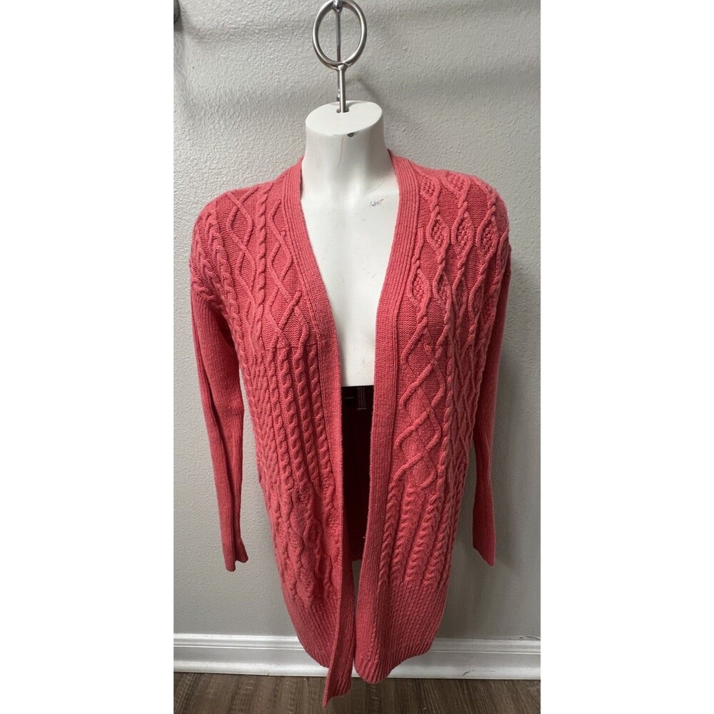 Chicos Cable Knit Cardigan 0 Sweater Pink Cashmere Wool Blend Cozy Cottage Long